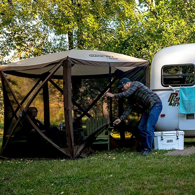 CLAM Pop Up Screen Tent, Outdoor Camping Gazebo Canopy, Venture, 9' x 9', Brown