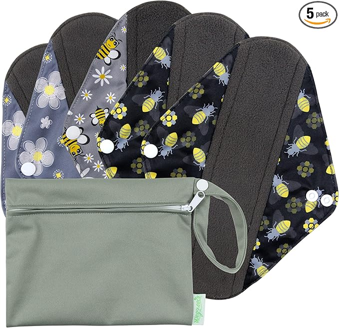 wegreeco Reusable Menstrual Pads for Women - Reusable Sanitary Pads | Reusable Panty Liners | Soft Cloth Menstrual Pads - 5 Pack, 1 Cloth Wet Bag (L, Bee & Bloom)