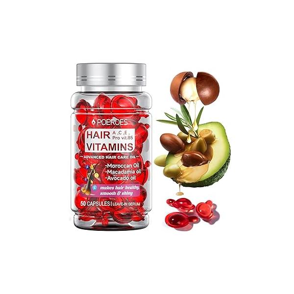 Hair Treatment Serum 50 Capsules Vitamins A C E Pro B5 - for Frizzy and Damaged Oil with Argan & Avocado Leave in Conditioner Women Men