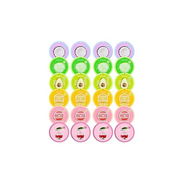 SpaLife Beauty Fruit Facial Sheet Masks 24 Pack - Face Skincare Set Hydrating 6 Natural Extract Formulas Orange, Grapefruit, Coconut, Cherry, Avodcado, Cucumber